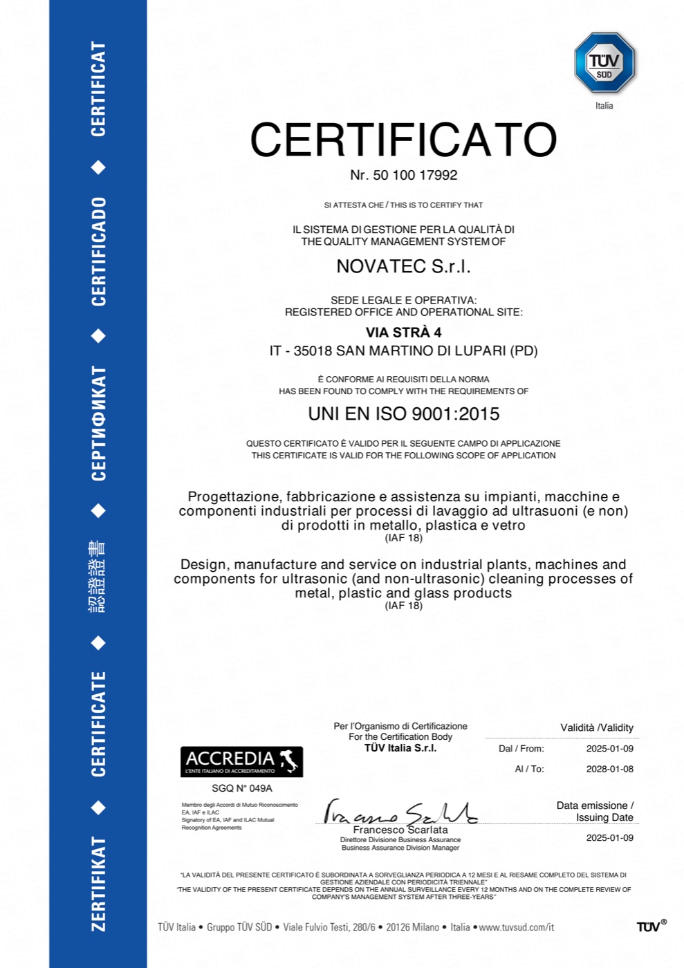 TÜV SÜD ISO 9001:2015 Zertifikat für Novatec S.r.l. — Nr. 50 100 17992